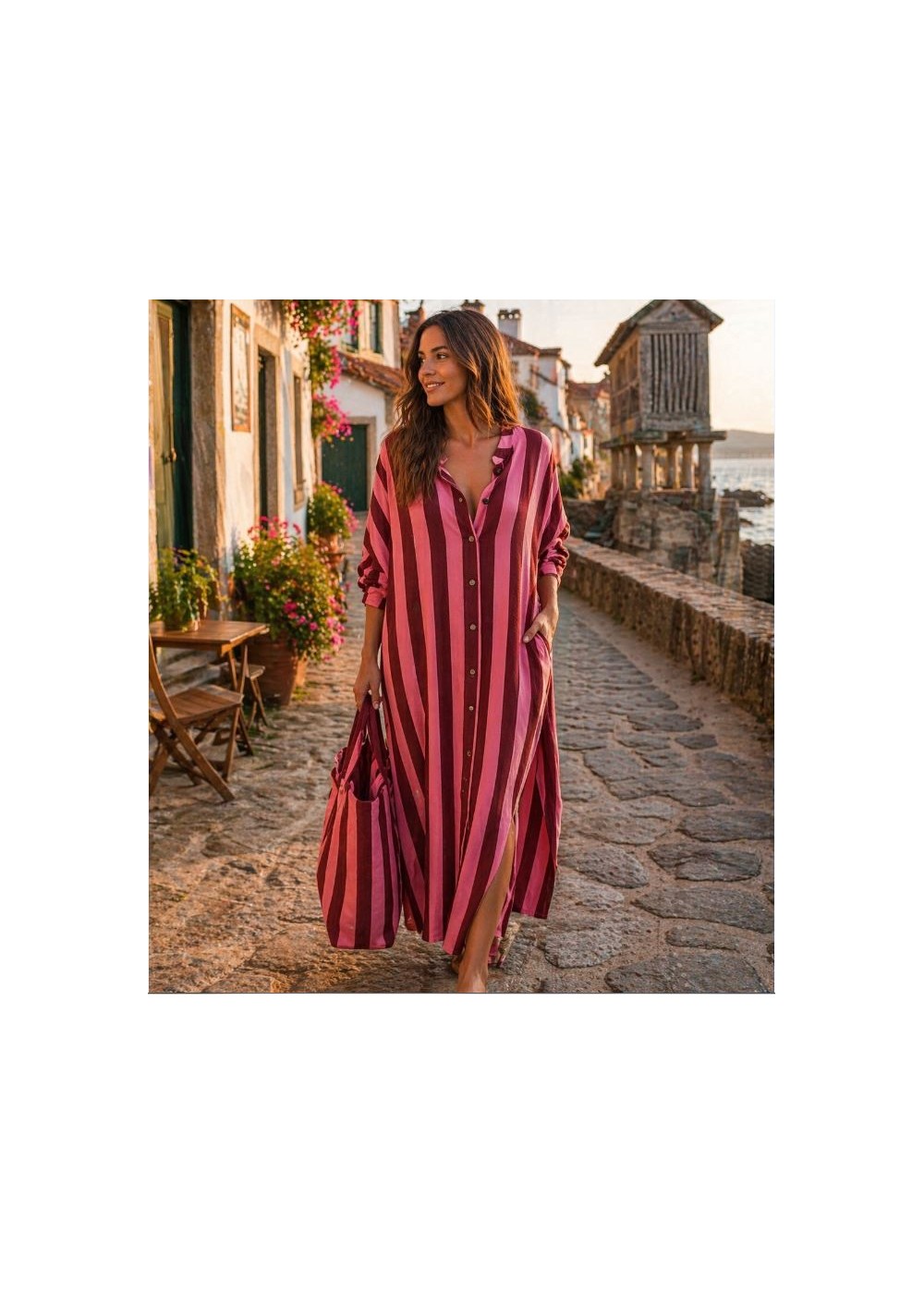 Vestido largo raya ancha con bolsillos y aberturas laterales