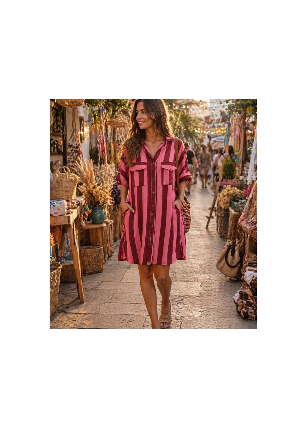 Vestido corto bolsillos abertura raya ancha