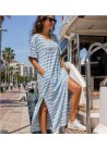 Vestido raya fina aberturas laterales azul claro