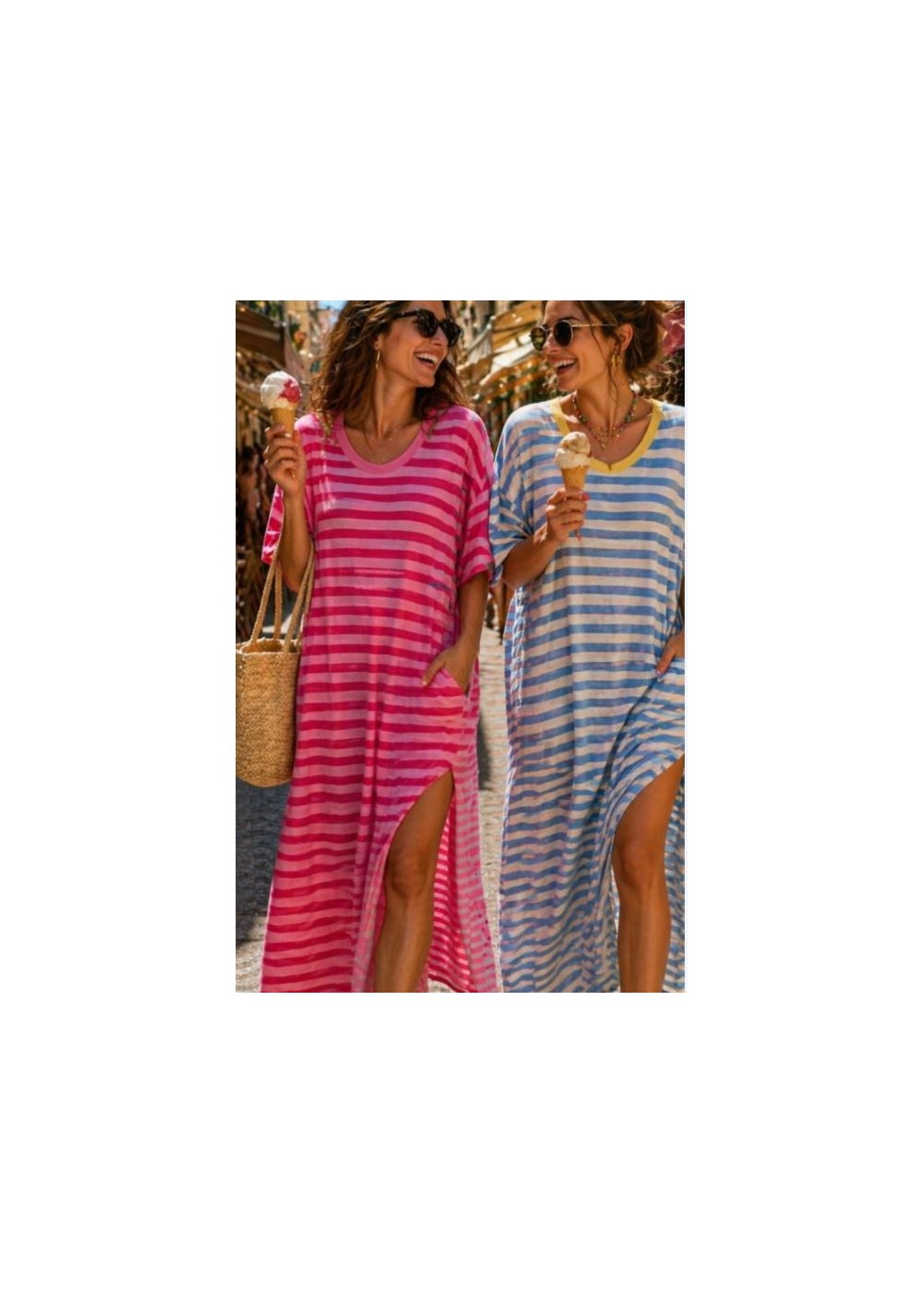 Vestido raya fina  aberturas laterales tomate-rosa