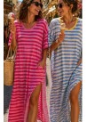 Vestido raya fina  aberturas laterales tomate-rosa