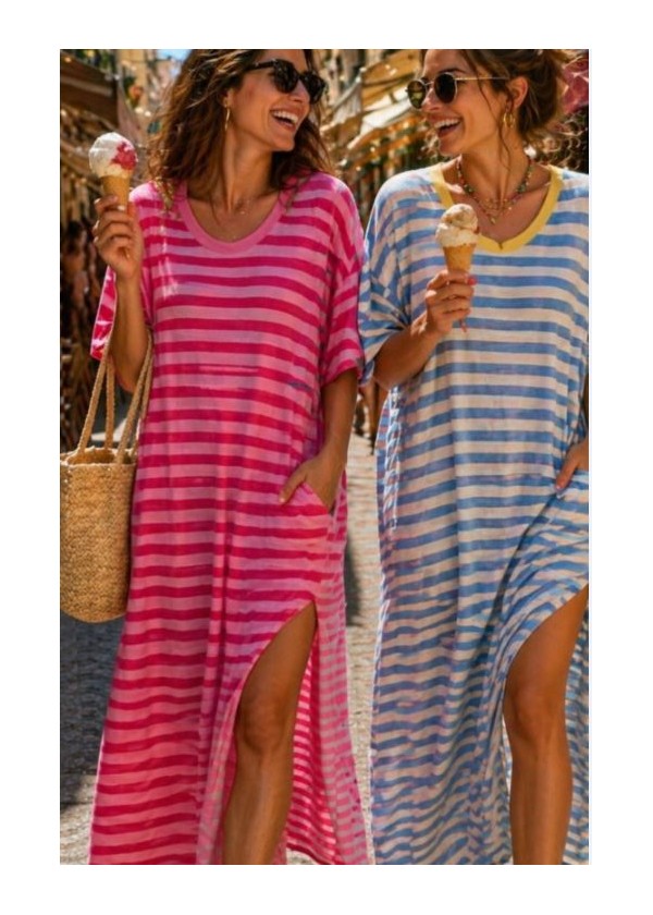 Vestido raya fina  aberturas laterales tomate-rosa
