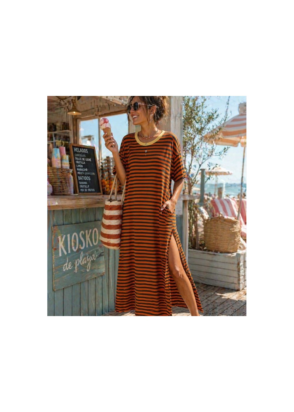 Vestido raya fina aberturas laterales naranja-kaki