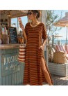 Vestido raya fina aberturas laterales naranja-kaki