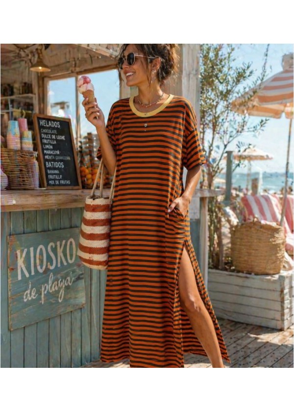 Vestido raya fina aberturas laterales naranja-kaki