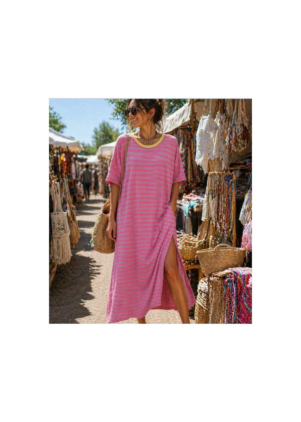 Vestido raya fina aberturas lateras rosa fuerte-rosa