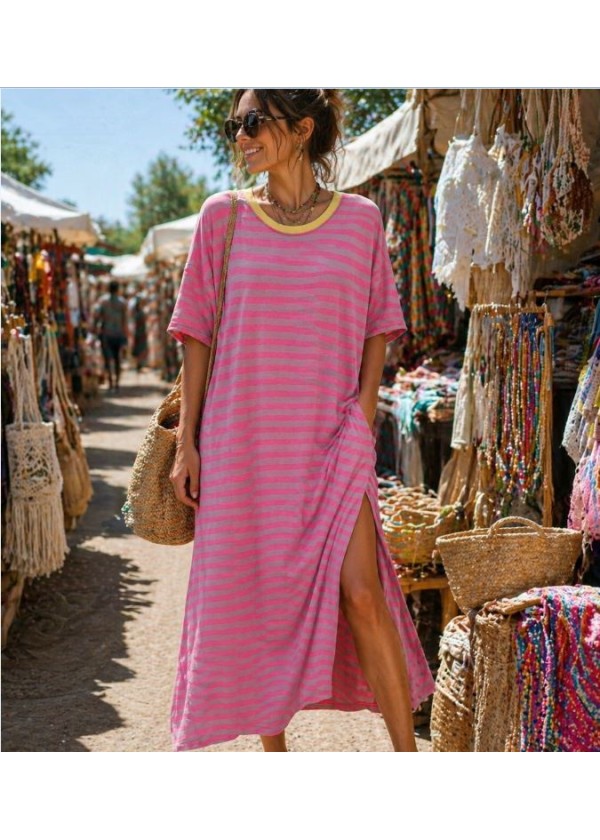 Vestido raya fina aberturas lateras rosa fuerte-rosa