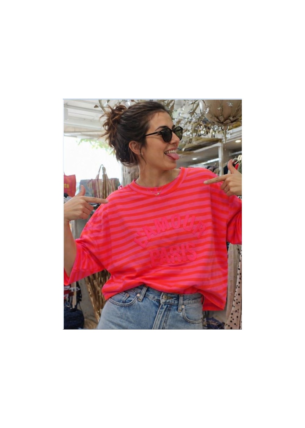 Camiseta manga francesa L´amour paris  naranja rosa