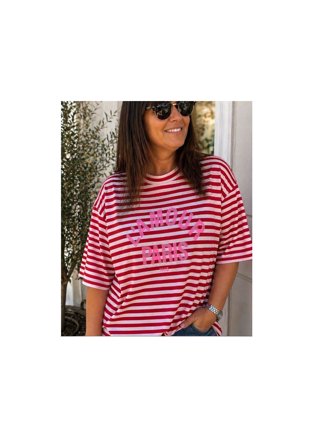 Camiseta manga francesa L´amour paris tomate-rosa