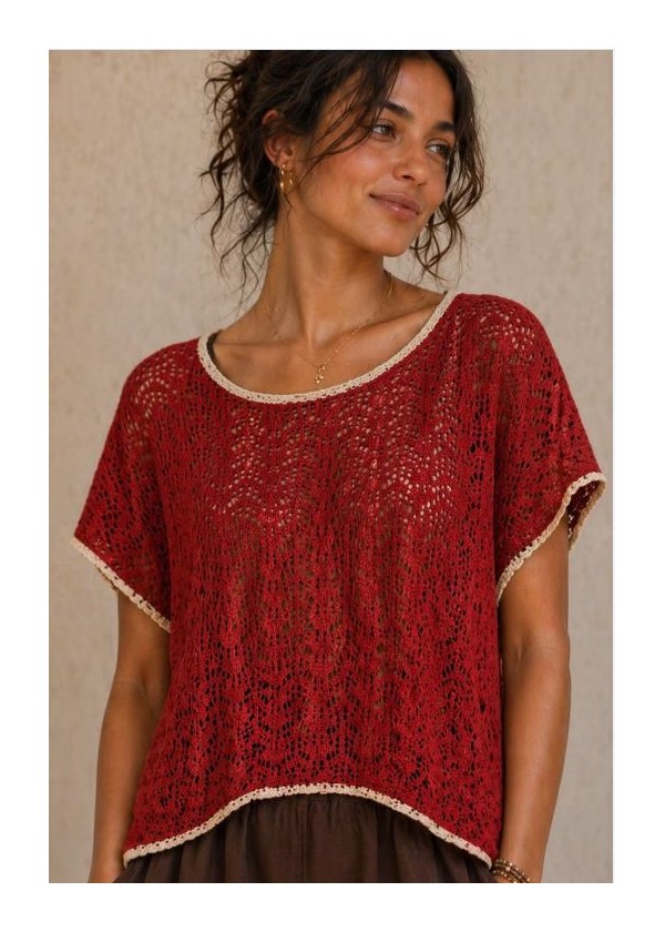 Jersey calado rojo  ribete beis