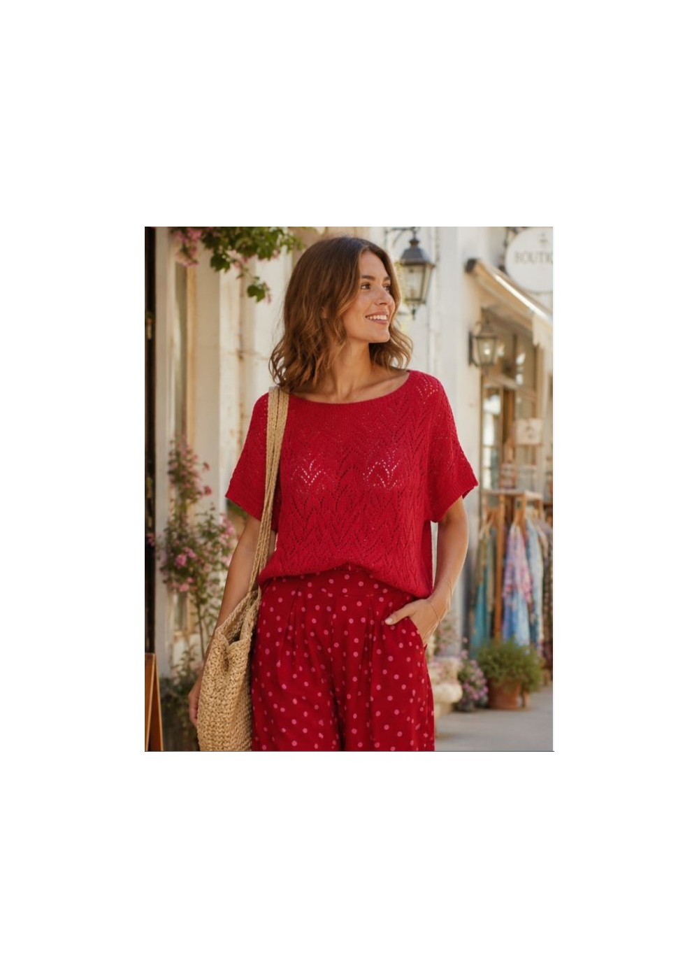 Jersey calado cuello barco y manga corta rojo