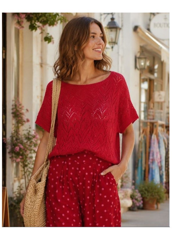 Jersey calado cuello barco y manga corta rojo