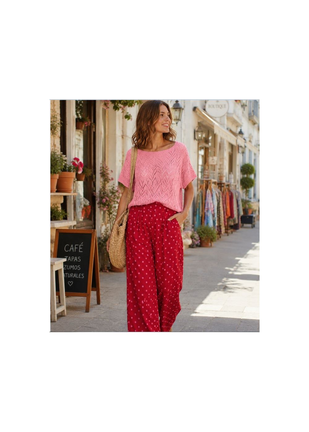 Jersey calado cuello barco y manga corta rosa