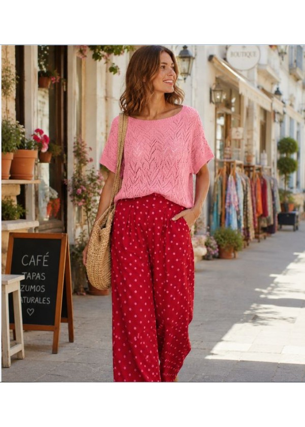 Jersey calado cuello barco y manga corta rosa