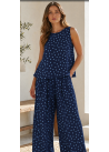 Pantalón ancho goma cintura y bolsillos lunares azules