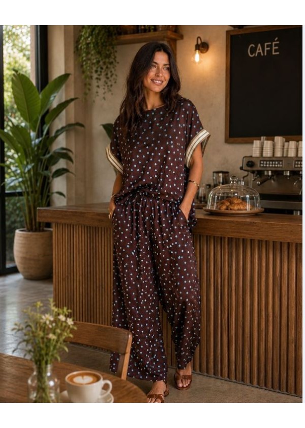 Blusa lunares chocolate celeste ribete en manga