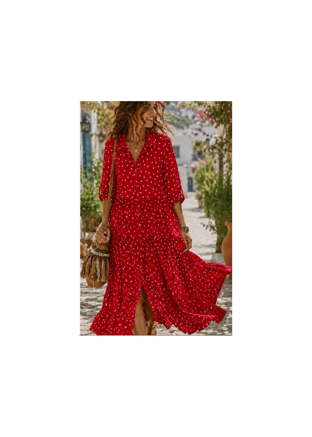 Vestido volantes largo lunares rojo rosa