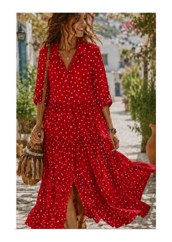 Vestido volantes largo lunares rojo rosa