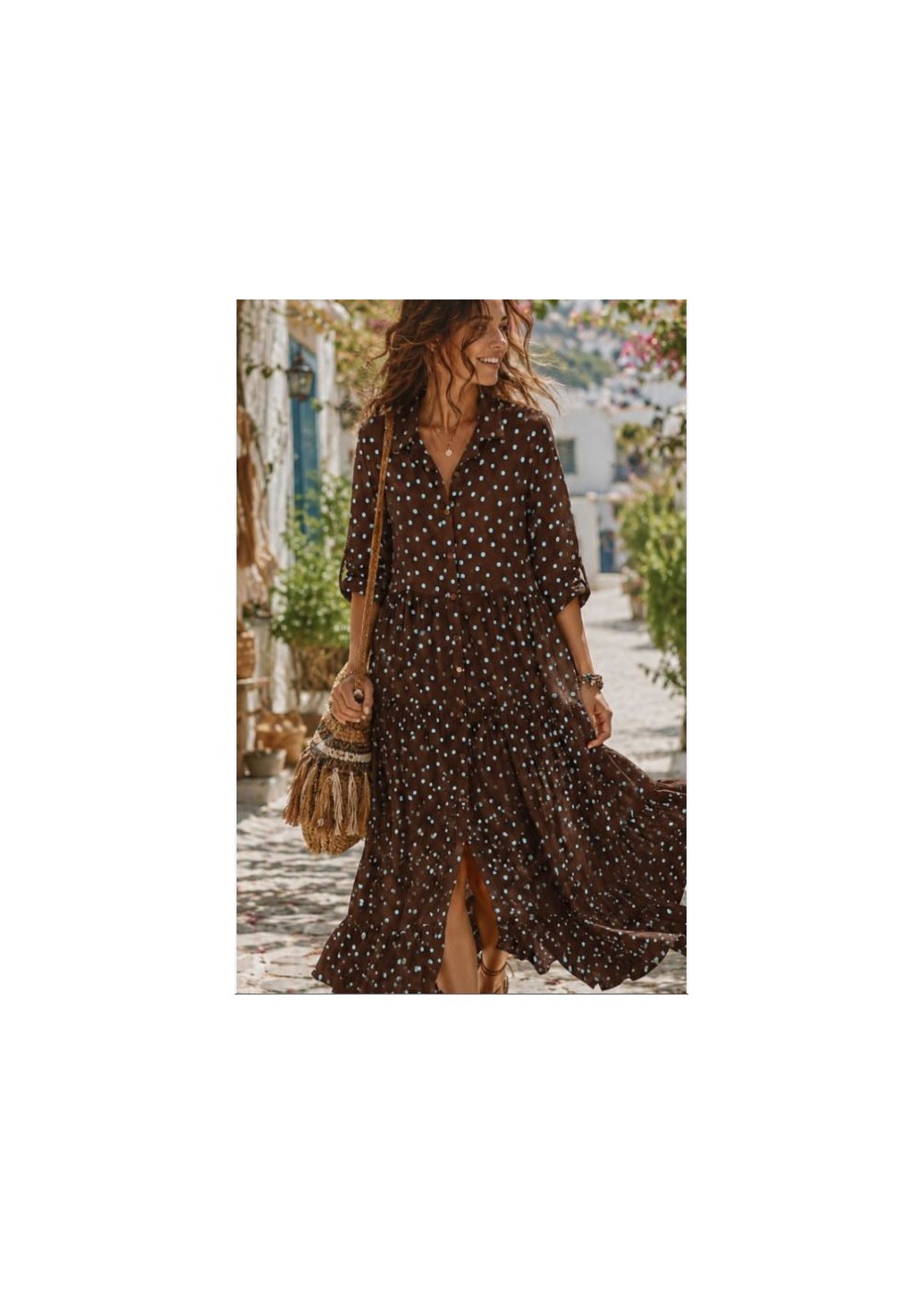 Vestido volantes largo lunares choco azul celeste
