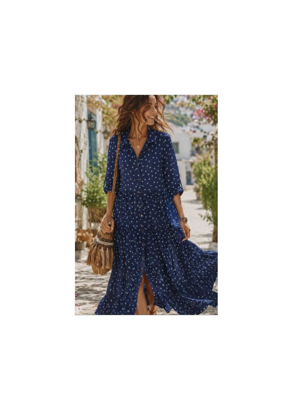 Vestido largo volantes azul marino lunares azul celeste
