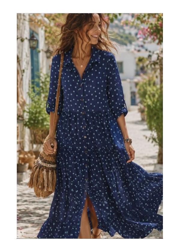 Vestido largo volantes azul marino lunares azul celeste