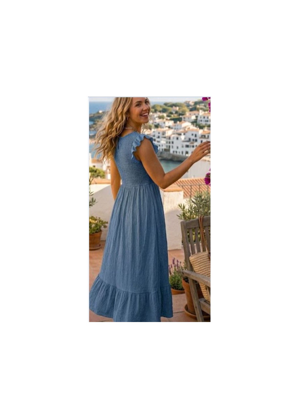 Vestido nido de abeja manga y bajo volante azul