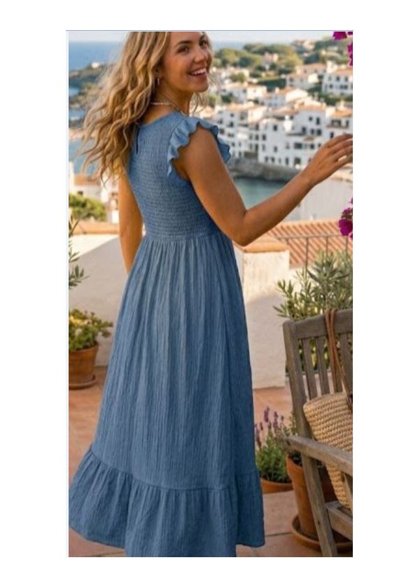 Vestido nido de abeja manga y bajo volante azul