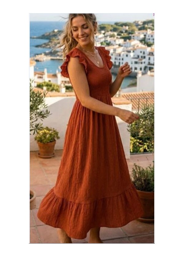 Vestido nido de abeja manga y bajo  volante teja