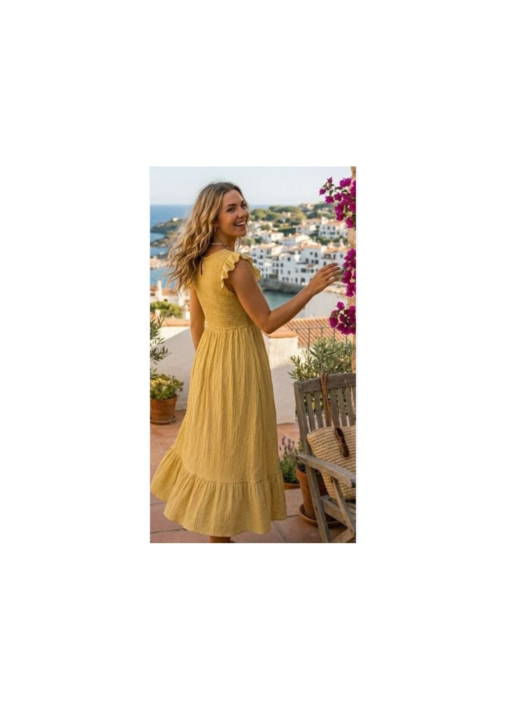 Vestido nido de abeja manga y bajo volante amarillo