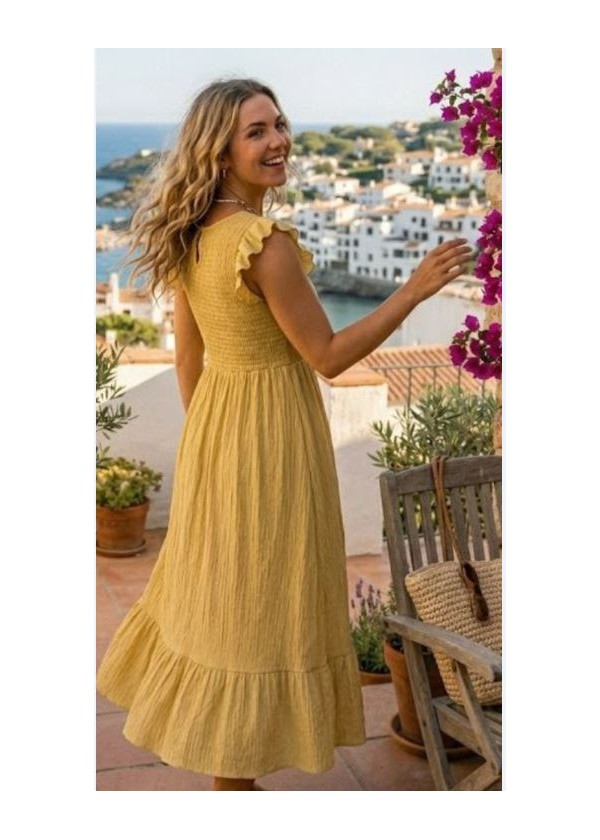 Vestido nido de abeja manga y bajo volante amarillo