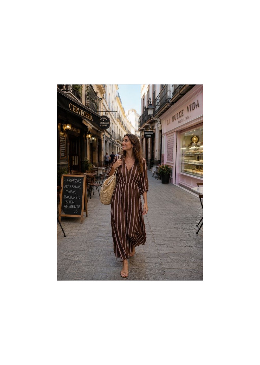 Vestido largo bámbula chocolate raya rosa