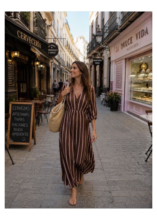Vestido largo bámbula chocolate raya rosa