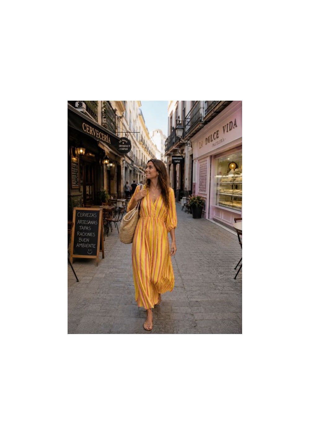 Vestido largo bambula amarillo raya rosa