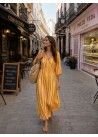 Vestido largo bambula amarillo raya rosa