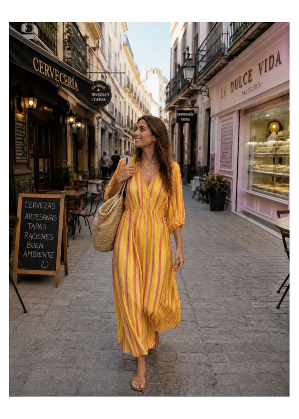 Vestido largo bambula amarillo raya rosa