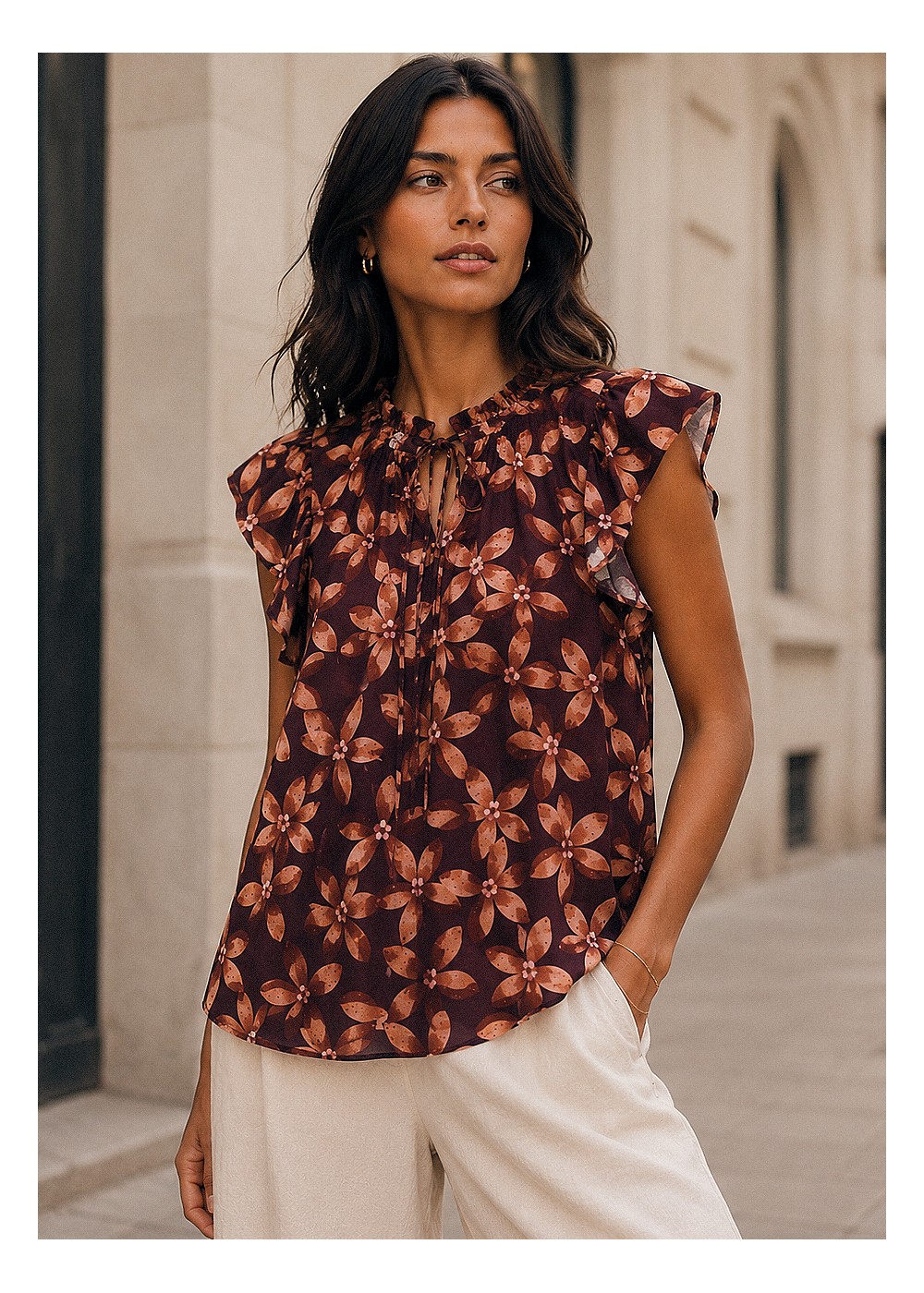 Blusa volante  manga flores  teja