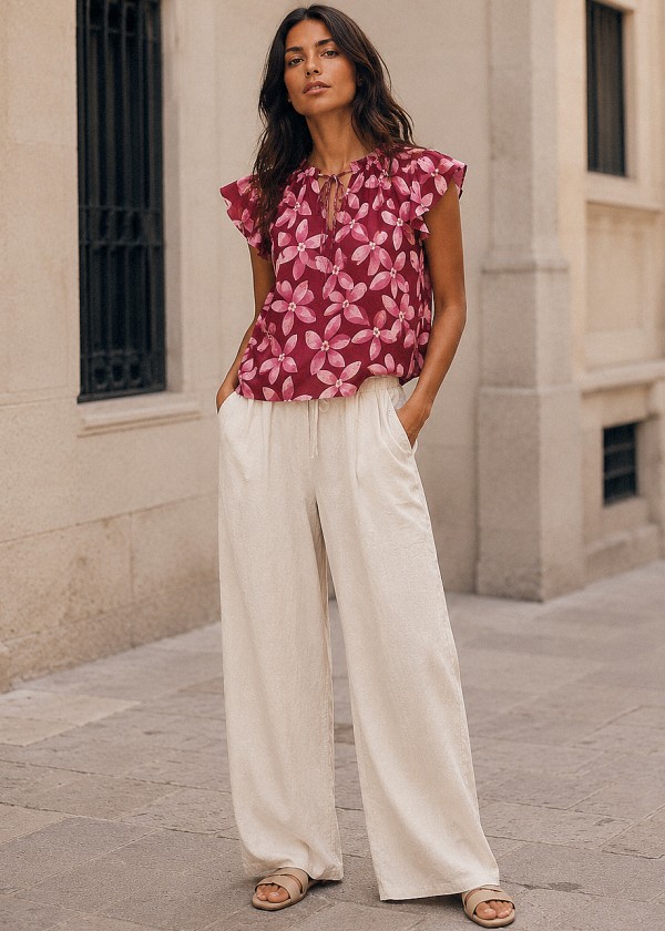 Blusa volante manga flores rosa fuerte