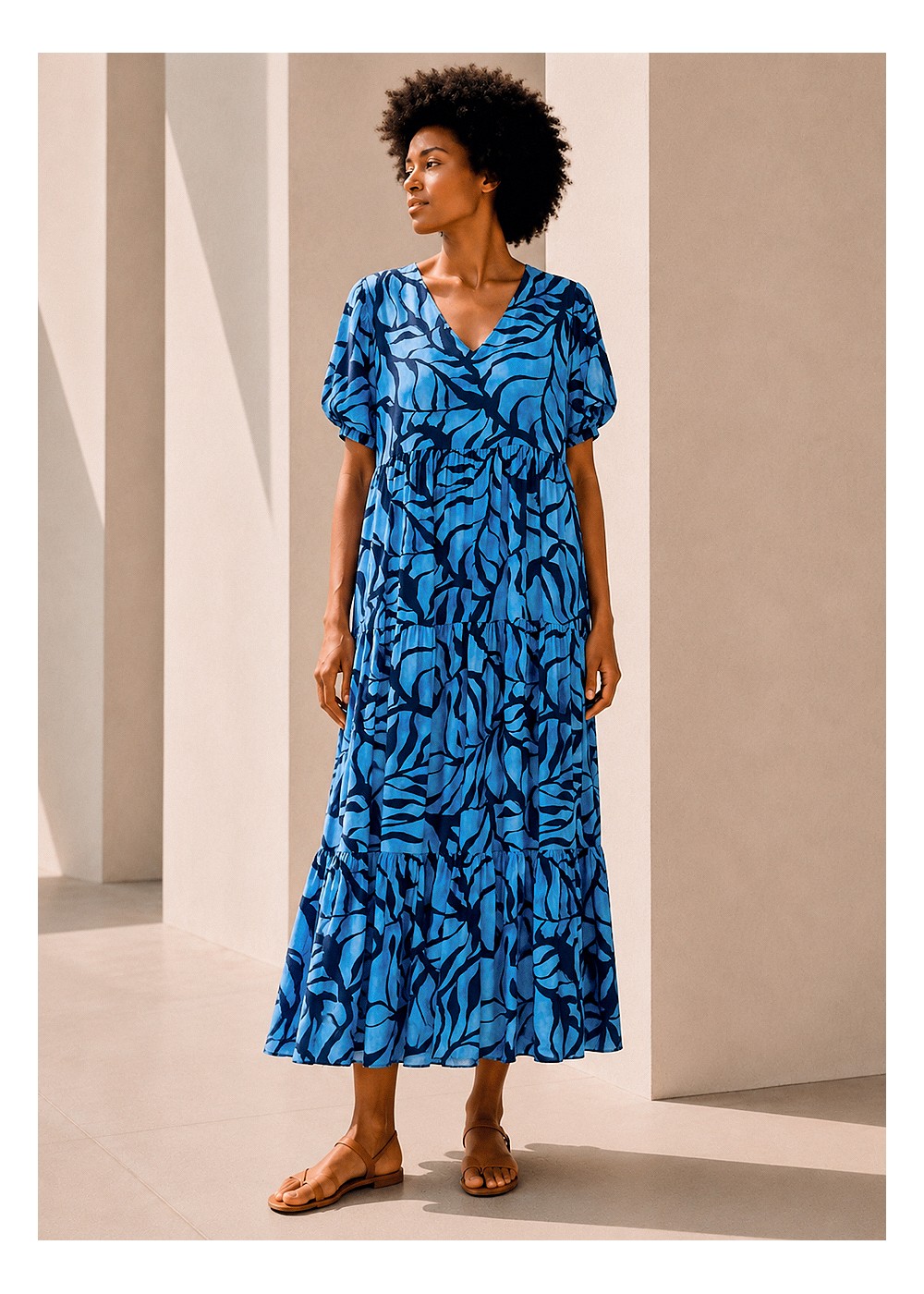 Vestido largo manga corta abullonada azul
