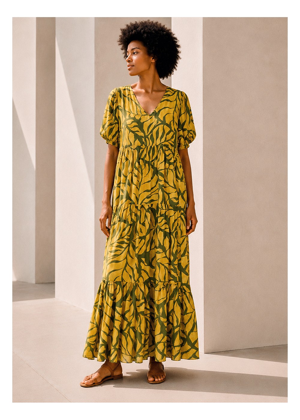 Vestido largo manga abullonada estampado verde lima