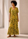 Vestido largo manga abullonada estampado verde lima