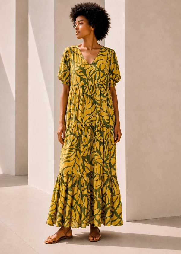 Vestido largo manga abullonada estampado verde lima