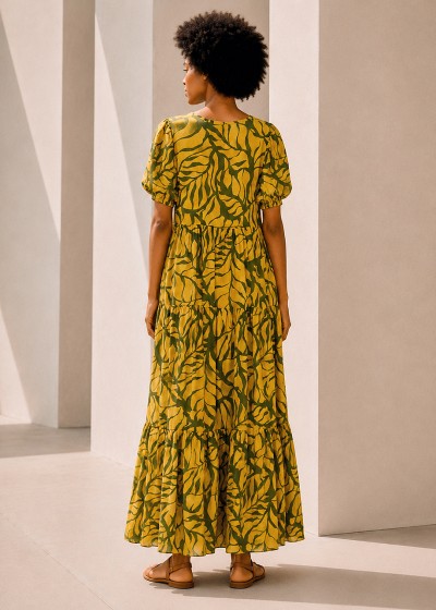 Vestido largo manga abullonada estampado verde lima