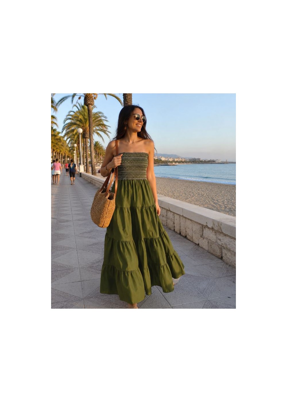 Vestido largo nido de abeja bordado volantes, verde kiwi