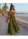 Vestido largo nido de abeja bordado volantes, verde kiwi