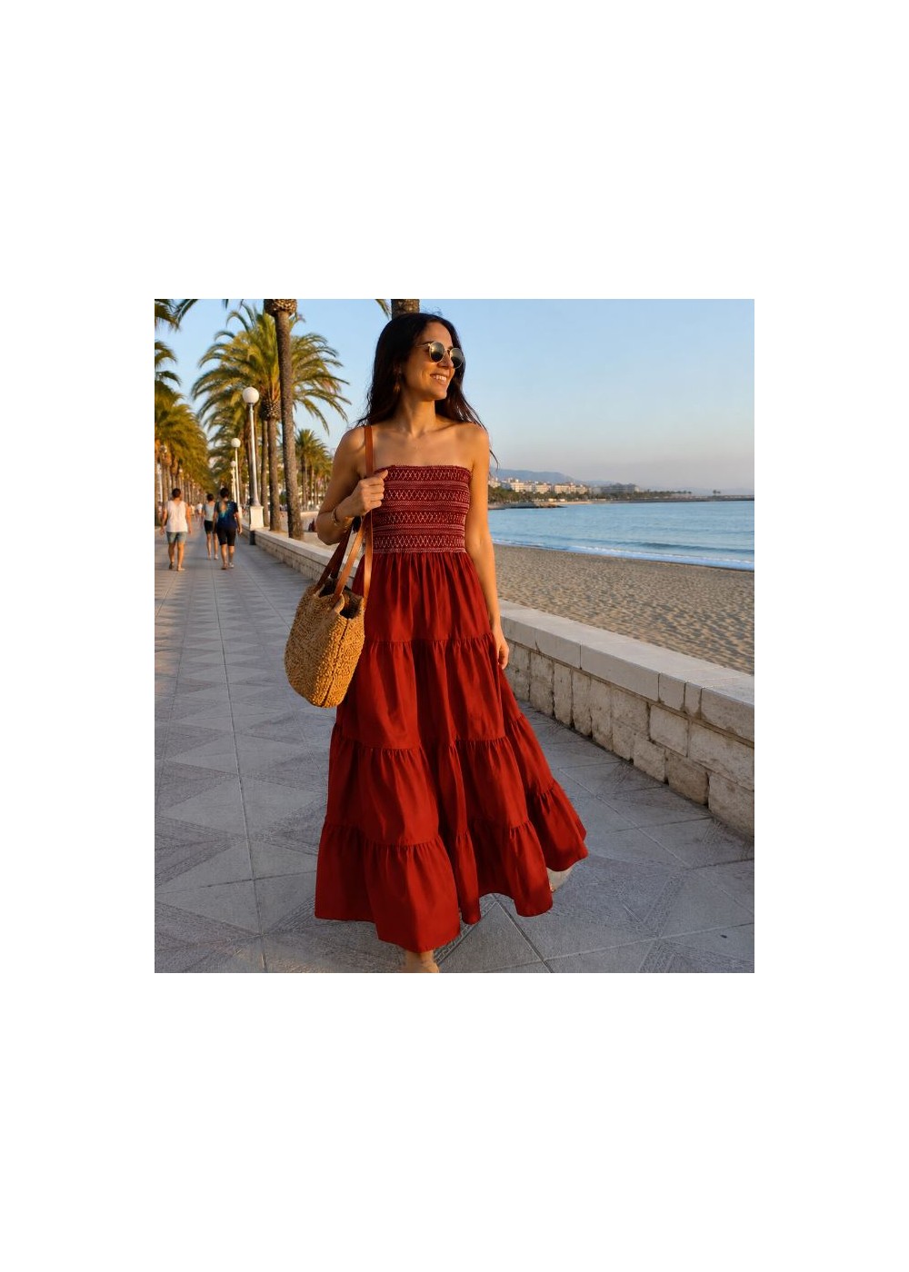 Vestido largo nido de abeja bordado volantes, teja