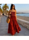 Vestido largo nido de abeja bordado volantes, teja
