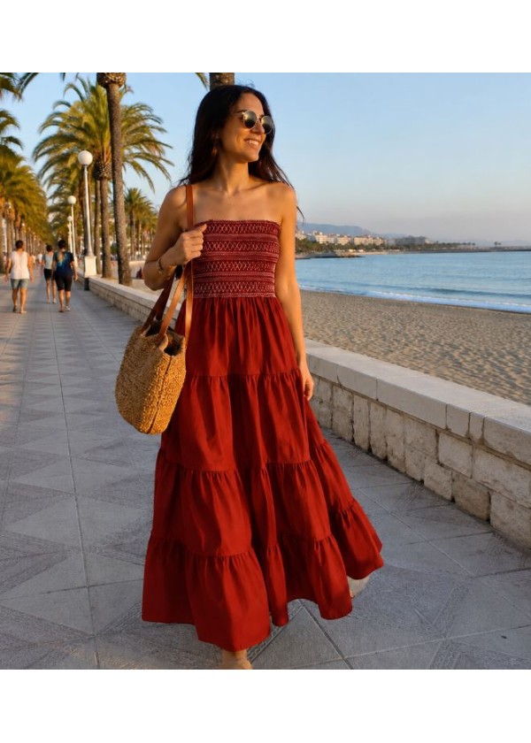 Vestido largo nido de abeja bordado volantes, teja
