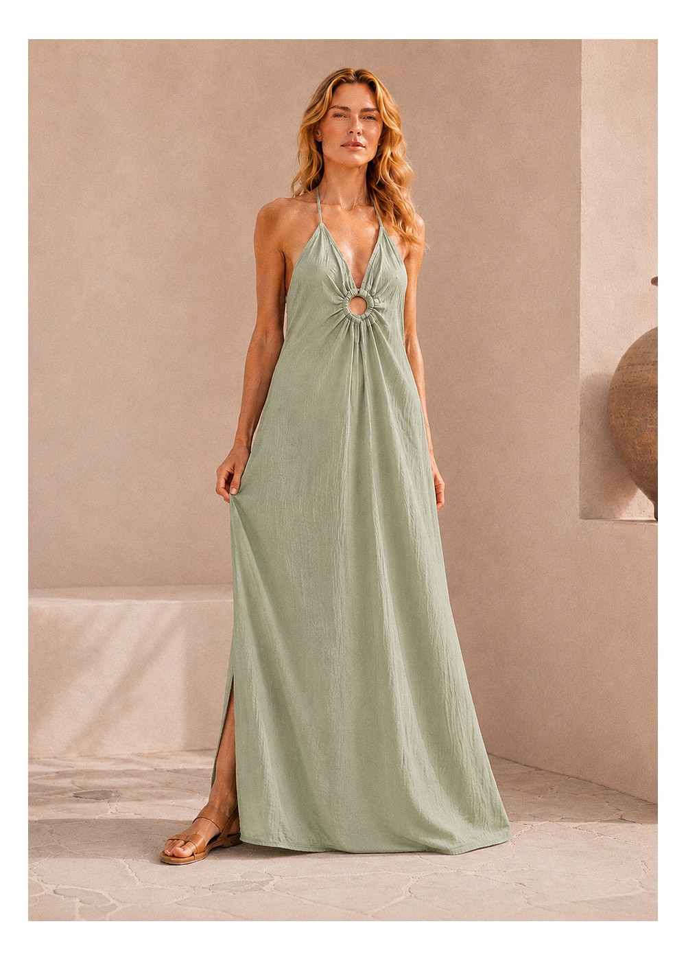 Vestido largo aberturas circulo verde agua