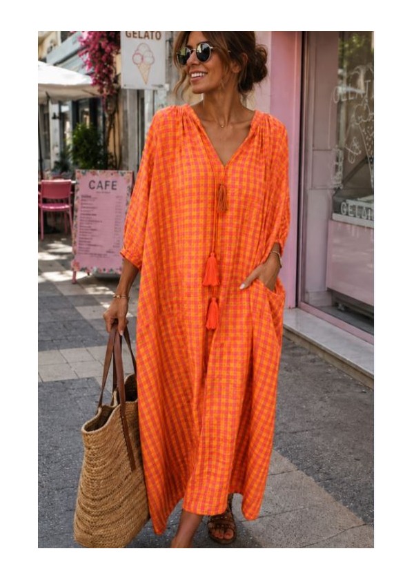 Vestido cuadrito naranja, cordón borla fluor