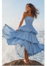 Vestido palabra de honor volantes azul celeste